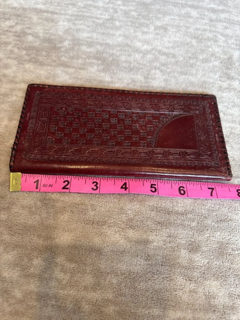 Handcrafted Embossed Leather Wallet Aztec Calendar Design Long Bifold Style